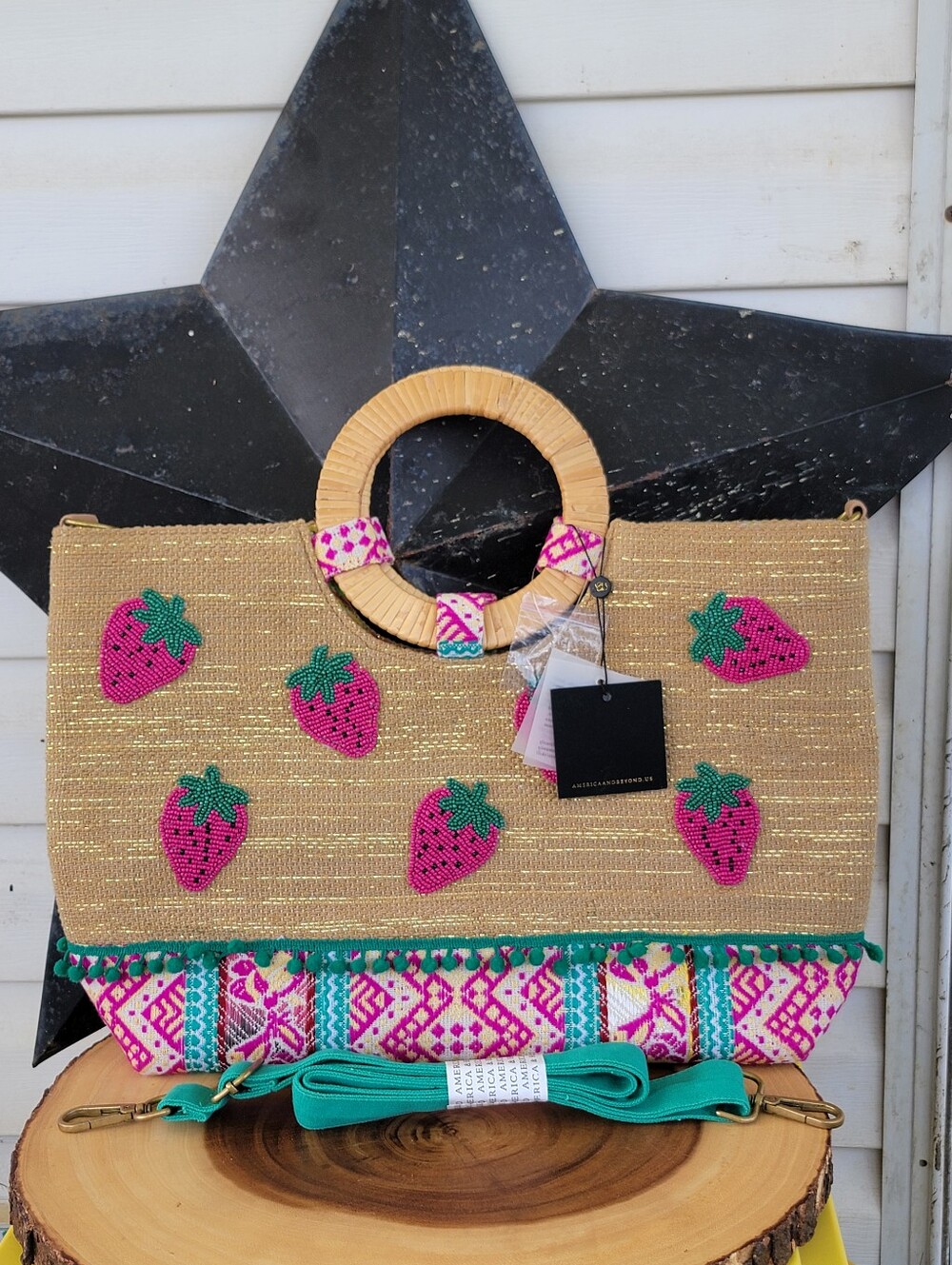 Authentic American & Beyond Straw and Jute Woven Tote with Pink Strawberries